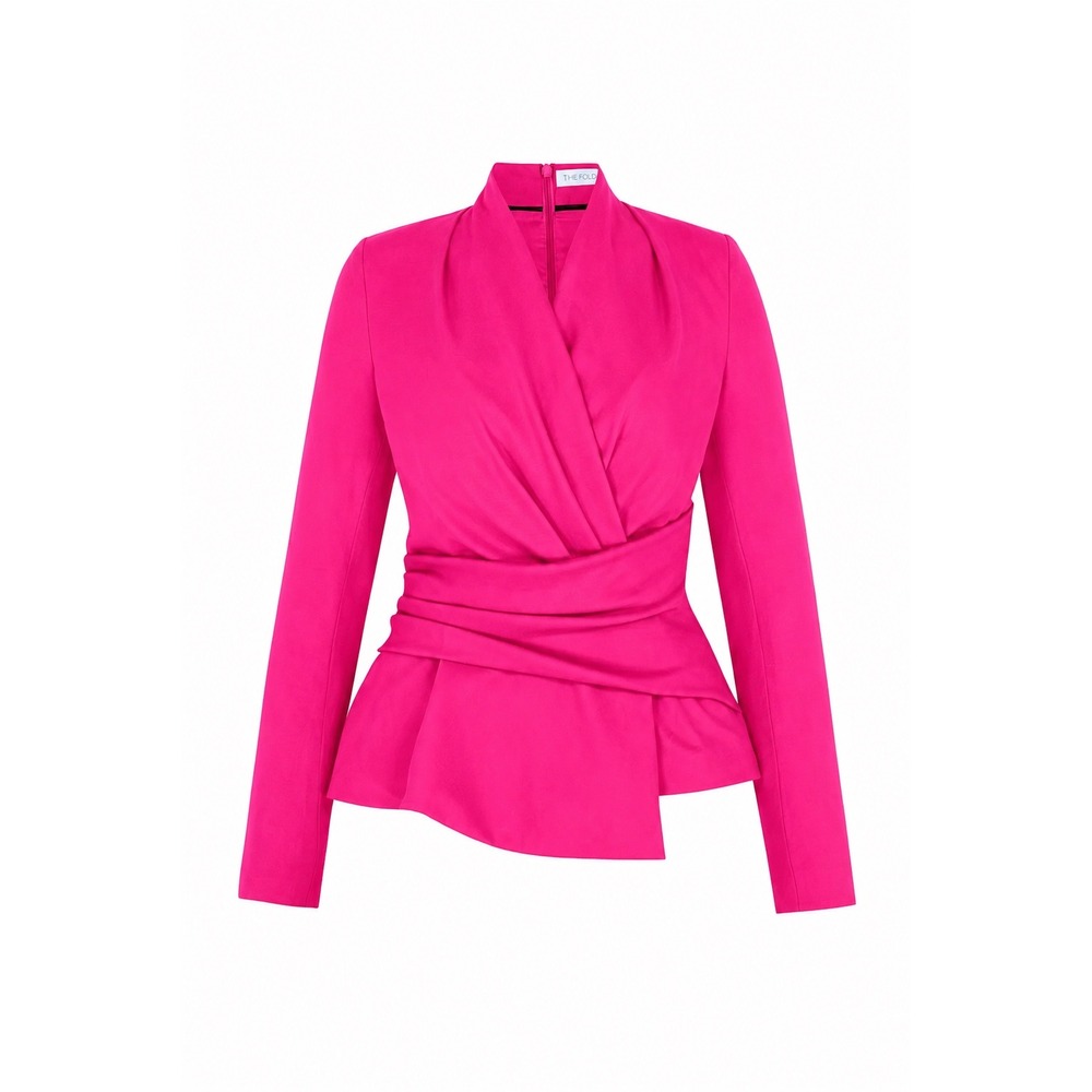 The Fold London Belleville Blouse Fuchsia Pink Wool Wrap Peplum Top Size 12